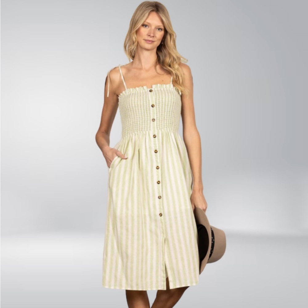 Green Button Down Shirred Dress Sundress